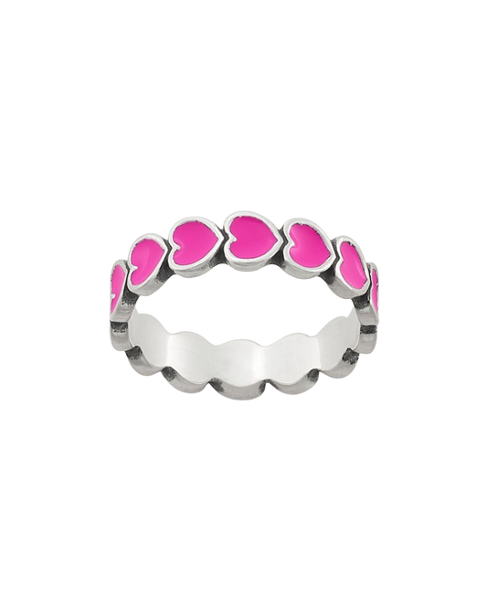 Enamel Dark Pink Connected Hearts Ring